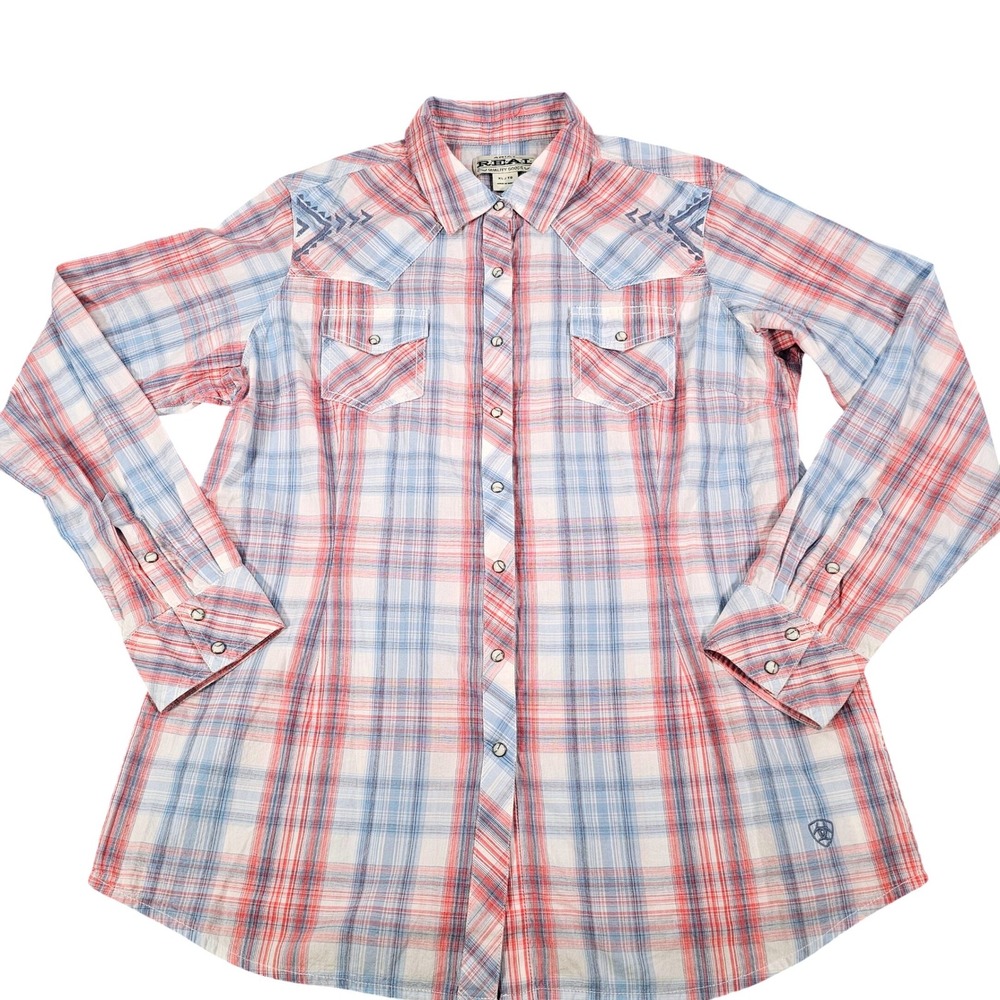 Ariat REAL Women's XL Red Blue Plaid Embroidered Pearl Snap Western‎ Rodeo Shirt
